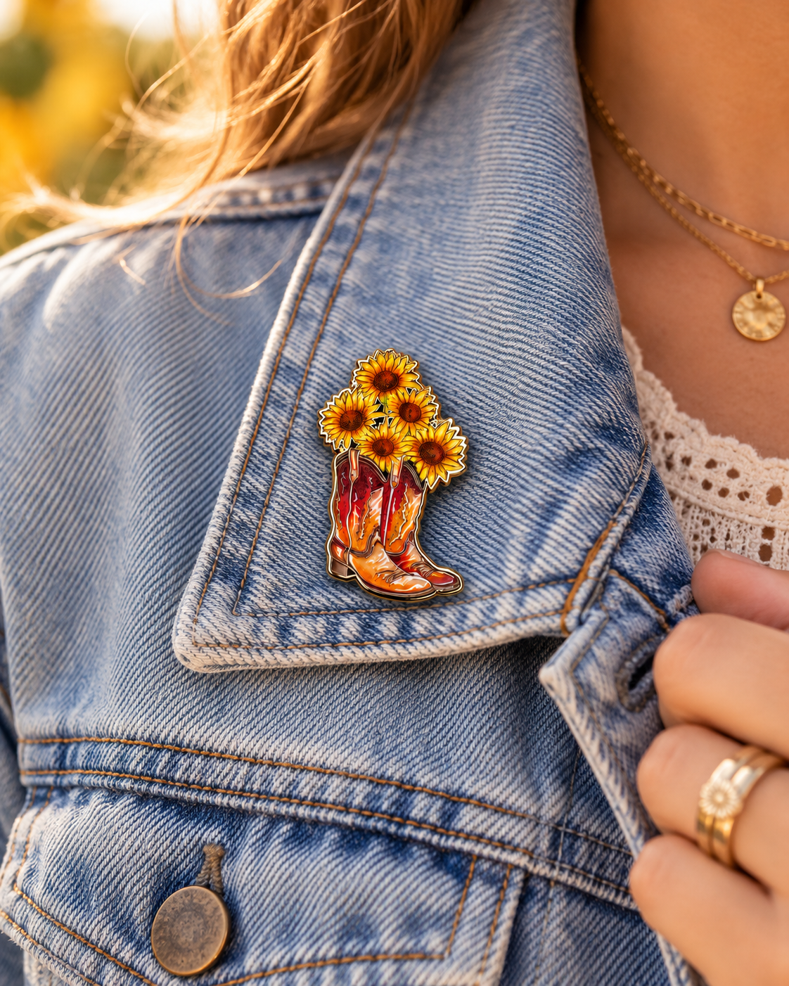 Pins Santiag Tournesol TDArts en gros plan